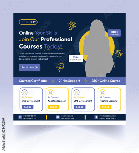 Education online course square flyer design template