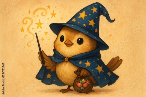 Magic Wizard Bird – Enchanting Illustration in Starry Hat & Cape with Candy Bag