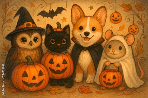 Halloween Animals Gathering – Adorable Creatures in Costumes Celebrating the Spooky Season