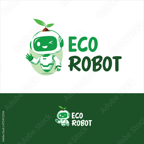 Eco Robot Logo – Cute Green Technology Mascot with Leaf, Sustainable Energy Symbol Design.