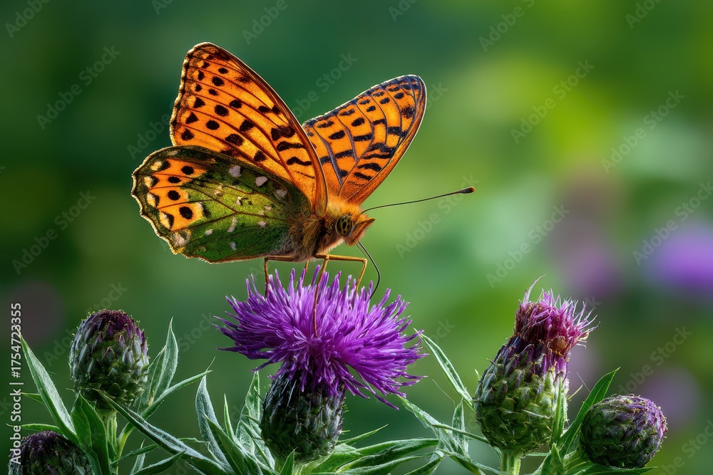 Obraz premium A vibrant orange butterfly delicately perches on a purple thistle flower.