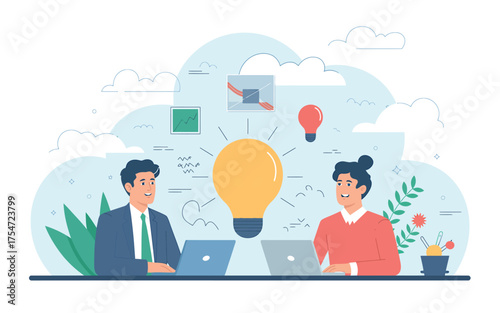 Startup team brainstorming innovative ideas together with a bright idea bulb