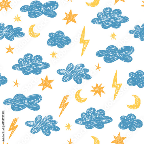 Crayon clouds and stars seamless pattern. Colorful kid's sky background for fabric, textile, wallpaper, wrapping paper. Childish doodle naive style vector elements isolated on white background
