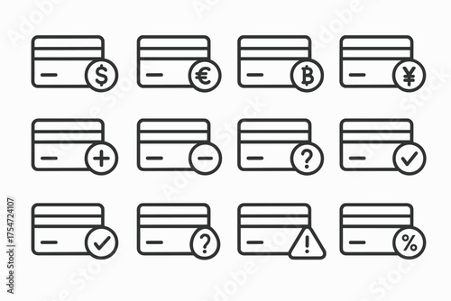 Set of twelve outlined credit card icons with financial symbols