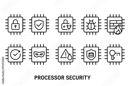 Set of black line icons depicting Processor Security on microchip, digital and cybersecurity