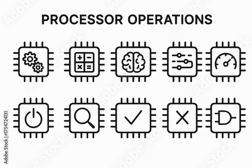 Set of black outline processor operation icons for AI, arithmetic, settings, search and logic gate