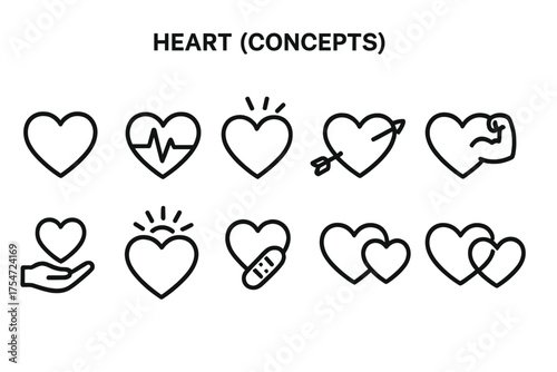 Set of black outline heart icons representing various concepts