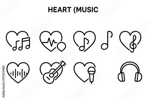 Collection of black outline icons combining hearts and music motifs in minimalist style