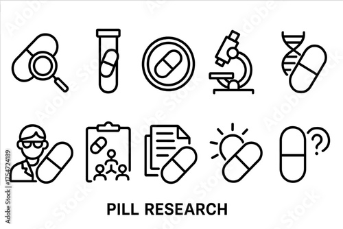 Set of line art icons for pill research with minimalistic style