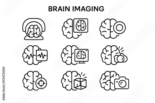 Set of black line icons representing various aspects of brain imaging technology