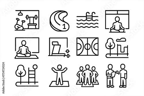 Set of black and white line icons depicting fitness and recreational activities