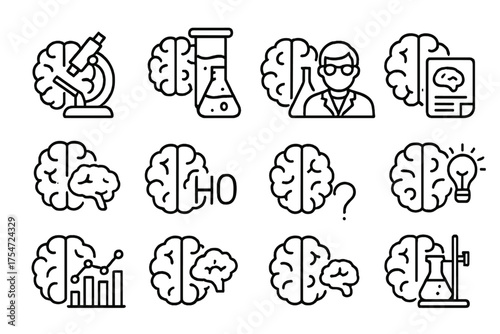 Set of black line icons featuring brains with various science-related symbols