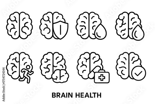 Set of monochrome line icons for brain health and wellness