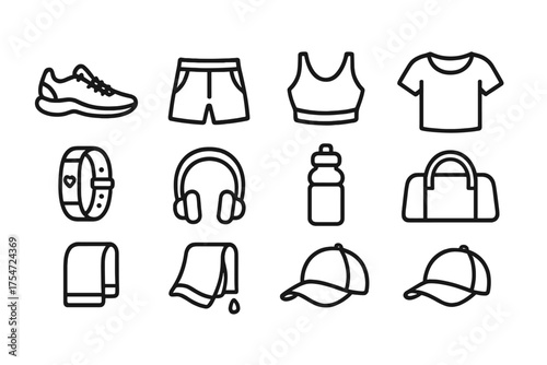 Set of black and white line art icons of workout gear and accessories