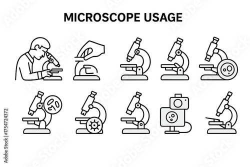 Set of black line art icons illustrating microscope usage and components