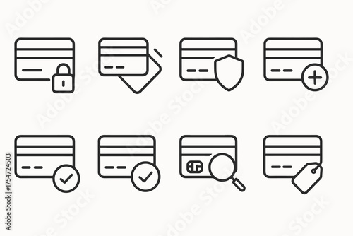 Set of black and white credit card icons with symbolic elements in line style