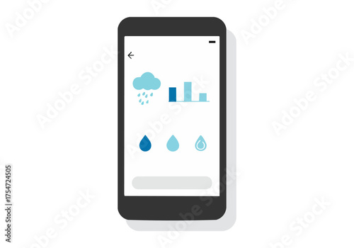A smartphone displays a rain app showing water levels. Clean, modern UI design. Simple, informative graphic. Suitable for tech, weather, and app concepts.