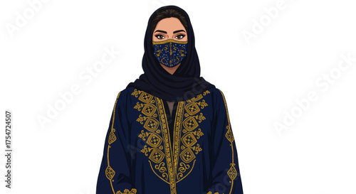 Muslim woman wearing a traditional blue and gold embroidered kaftan and a patterned face mask
