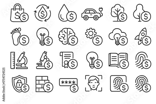 Set of outlined icons with dollar signs representing various concepts