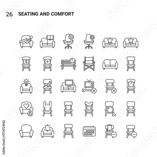 Set of 30 black and white line icons related to seating and comfort