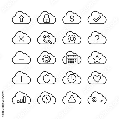 Set of black and white line icons in cloud outline style for technology and digital interactions