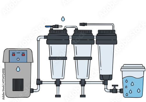 stylized illustration depicts a multi-stage water purification system Clear pipes and filters showcase a modern clean design emphasizing purity and water quality