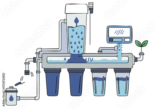 A stylized illustration depicts a smart water purification system. It showcases a multi-stage process with UV light and filtration, highlighting clean water output. Modern, clean design.