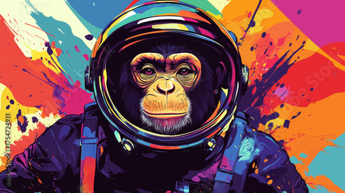 A chimpanzee astronaut, colorful splash, space exploration, digital art, and poster are the given terms