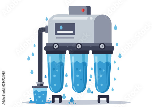 stylized illustration depicts a water filtration system with clear filters It-s a modern clean design with a blue and gray color palette conveying purity and efficiency
