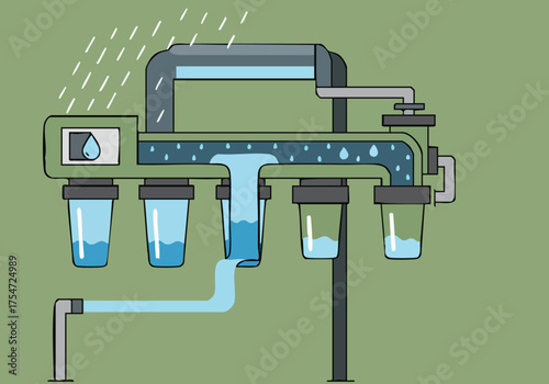stylized illustration depicts a water purification system showcasing clean water flowing through multiple filters The design is modern and visually appealing