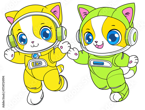 Funny modern illustrations of cats wearing space suits represent friendship in space