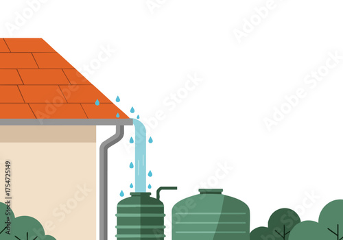vibrant illustration showcases a rainwater flow system with large tanks Clean lines and a modern aesthetic 