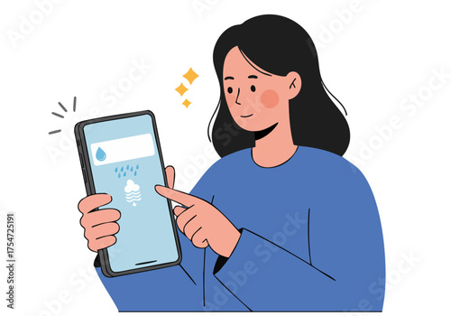 A young woman uses a smartphone app displaying rainfall levels. She?s smiling and engaged, showcasing a modern, tech-focused lifestyle. Clean, bright illustration.