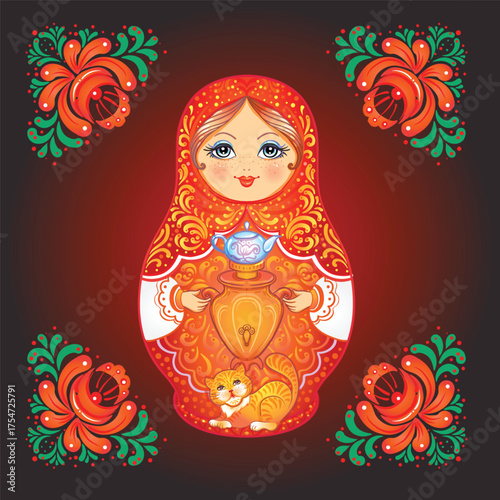 Retro Souvenir from Russia - babushka, matryoshka, red cat, samovar, bublik. Traditional Russian wooden nesting doll. Folk arts and crafts. Vector illustration in cartoon style isolated.
