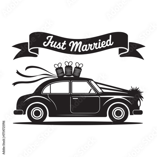 Just married car isolated on white background with cans and ribbon, a symbol of wedding celebration