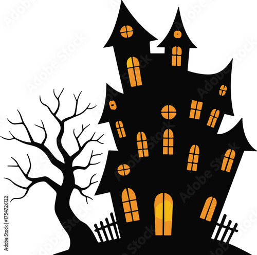 Haunted house with crooked towers and glowing windows, spooky Halloween artwork, eerie gothic design, creepy abandoned building illustration, dark festive theme