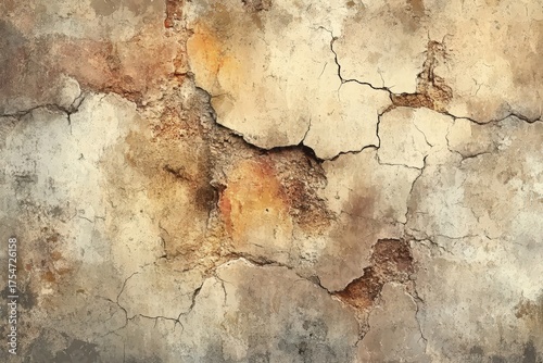 An aged, weathered exterior wall displays deep cracks and varied shades of tan, brown, and beige.