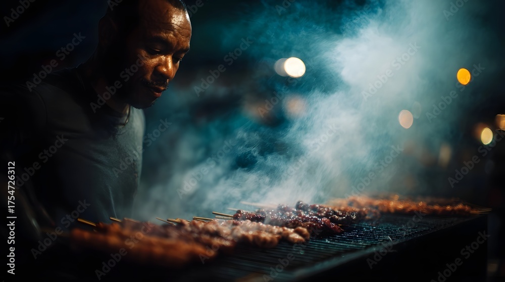 Naklejka premium Man grilling meat skewers at night market with smoke and bokeh lights