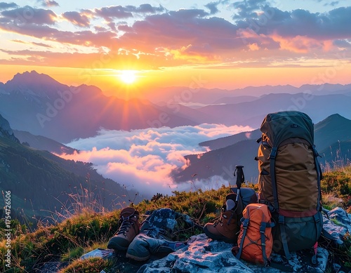 mountain sunrise with mist valleys, hiking equipment floating, 