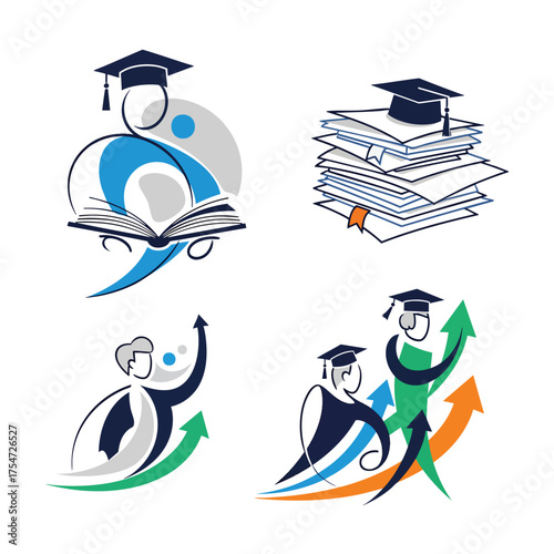 A set of four stylized education and graduation icons featuring students books and success arrows.