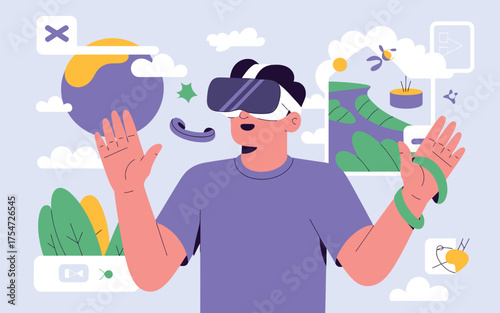 Man experiencing virtual reality with immersive digital worlds and futuristic technology