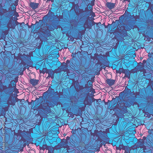 Bright seamless pattern with abstract flowers in fresh color palette. Endless...