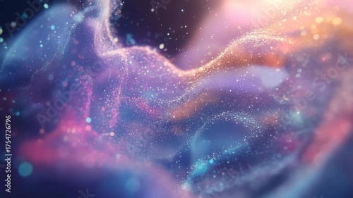 Ethereal cloud of shimmering particles in vibrant purple, pink, and blue hues, creating a magical and dreamy abstract nebula or cosmic dust formation 4k video