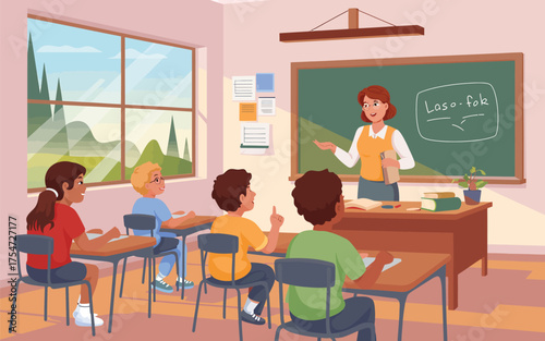 Teacher engaged in lively classroom lesson with attentive young students learning together
