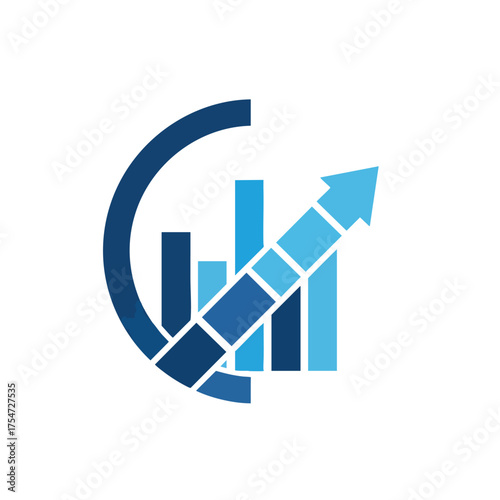 Blue business growth logo with an ascending bar chart and an upward arrow inside a circular element.