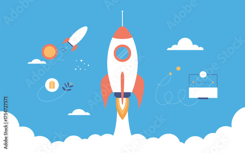Exciting rocket launch into blue sky with clouds and space exploration elements