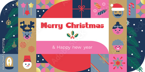 Stylish geometric festive Christmas background with trees, ornaments, happy people, snow,deer,snowman, gifts and stars. Ideal for cards, wrapping paper, banners, and festive branding.