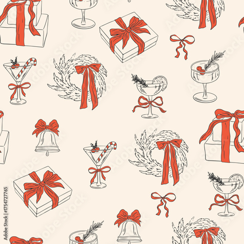 Christmas seamless pattern.  Crayon festive elements made in chalk, gingerbread house, man, Christmas tree, pie. Hand drawn kids drawings for prints. Vector wallpaper design for fabric, wrapping paper