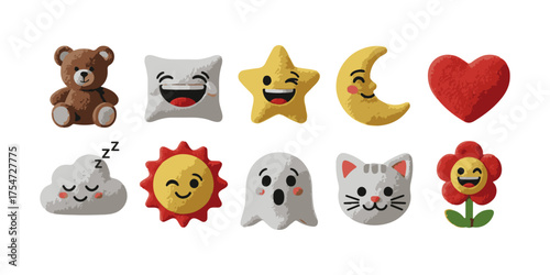 a set of 3D emoji icons made from plush fabric