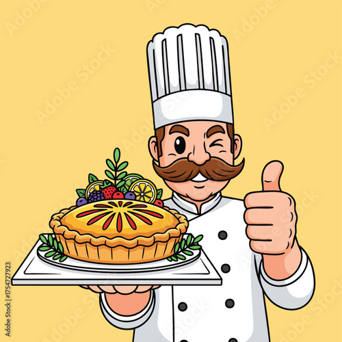 A winking cartoon chef with a mustache holding a fruit pie and giving a thumbs up.